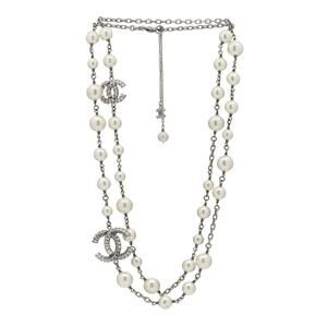 CHANEL B14C Pearl Crystal Baguette Silver CC Long Station Necklace